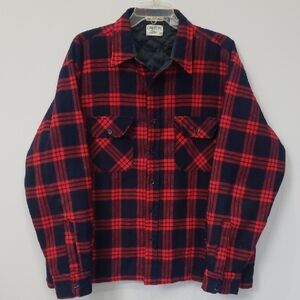 Oakton Ltd Plaid Shirt Mens XL Red Navy Quilted Lined Flannel Shacket Vtg SEARS